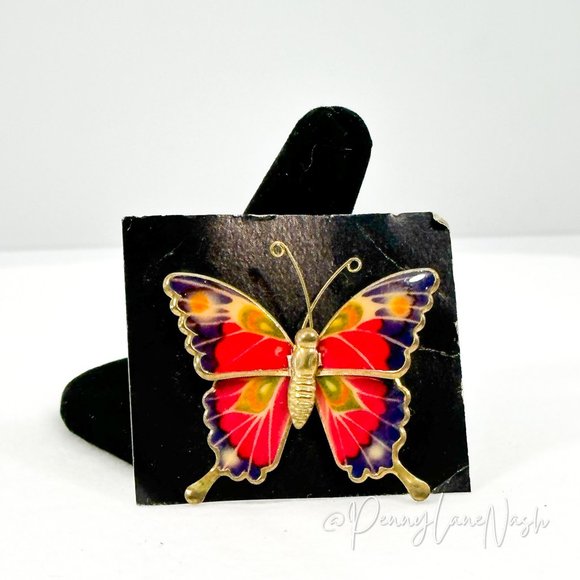 Vintage Jewelry - Vintage Red & Blue Enamel Butterfly Brooch in Gold Metal
